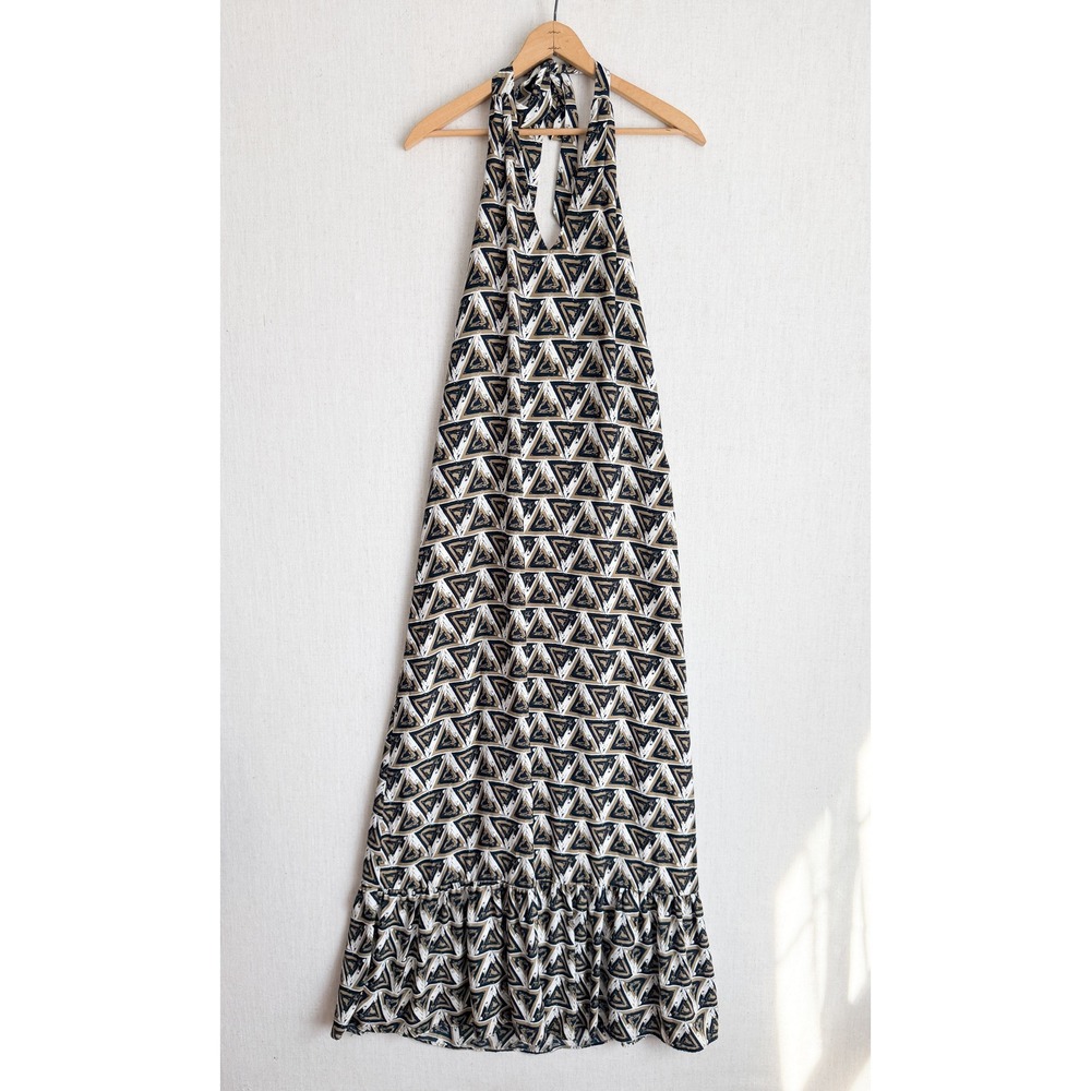 Lavender Brown Geometric Triangle Print Halter Maxi Dress‎ Black Tan XS